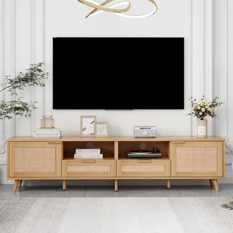 Roomfitters Rattan TV Stand for 85 TV, Farmhouse Media Console, Solid Wood Legs, Wood