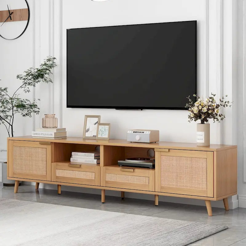 Roomfitters Rattan TV Stand for 85 TV, Farmhouse Media Console, Solid Wood Legs, Wood