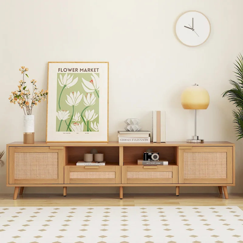 Roomfitters Rattan TV Stand for 85 TV, Farmhouse Media Console, Solid Wood Legs, Wood