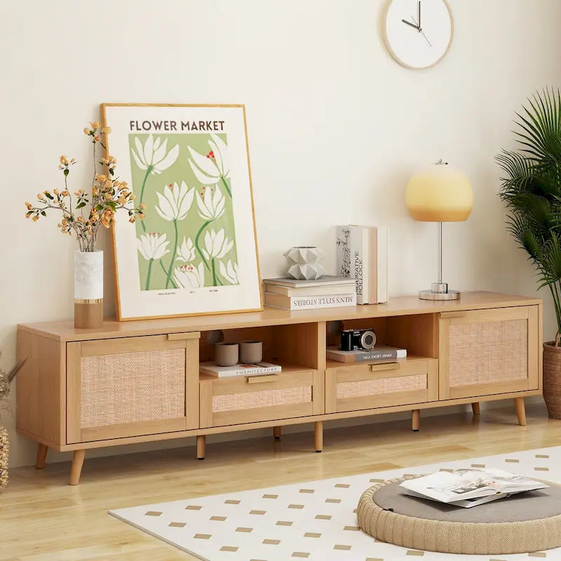 Roomfitters Rattan TV Stand for 85 TV, Farmhouse Media Console, Solid Wood Legs, Wood
