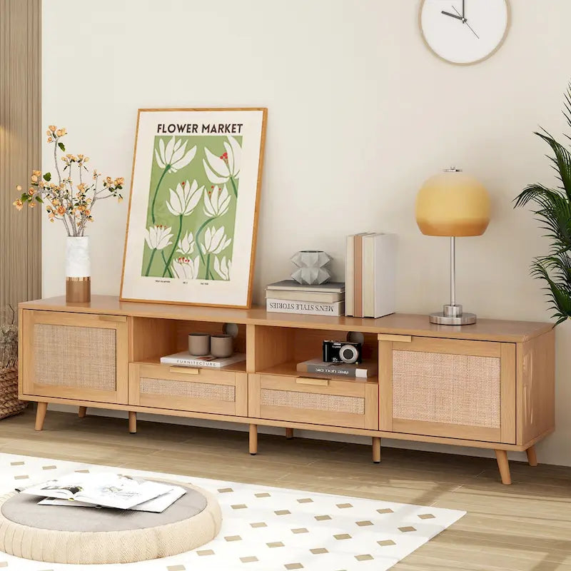Roomfitters Rattan TV Stand for 85 TV, Farmhouse Media Console, Solid Wood Legs, Wood