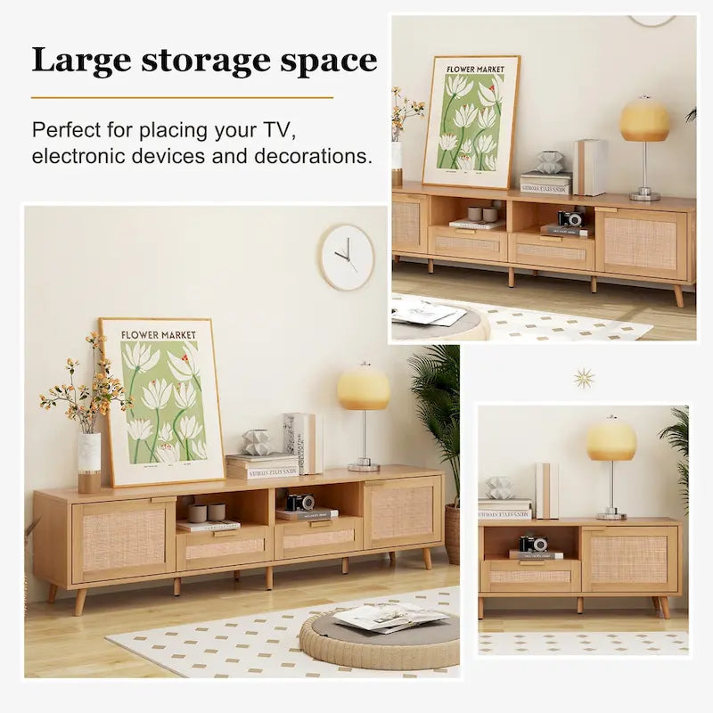 Roomfitters Rattan TV Stand for 85 TV, Farmhouse Media Console, Solid Wood Legs, Wood