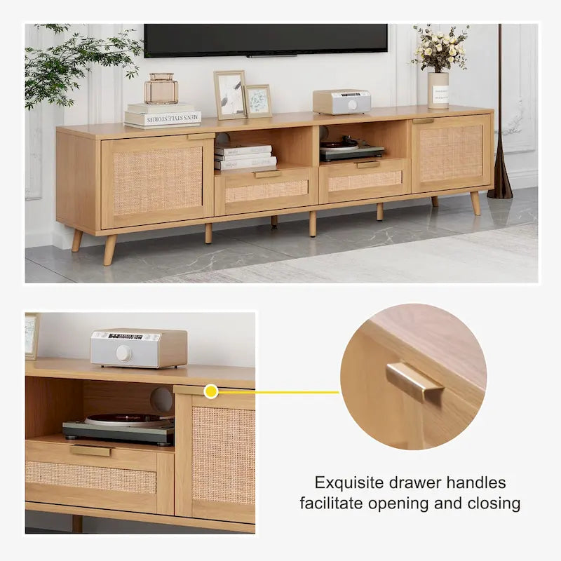 Roomfitters Rattan TV Stand for 85 TV, Farmhouse Media Console, Solid Wood Legs, Wood