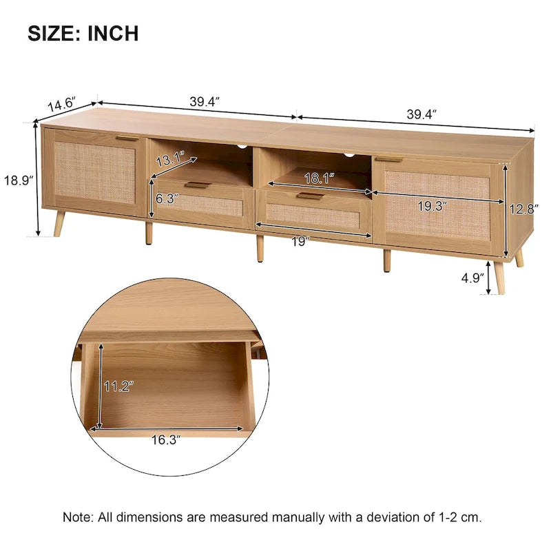 Roomfitters Rattan TV Stand for 85 TV, Farmhouse Media Console, Solid Wood Legs, Wood
