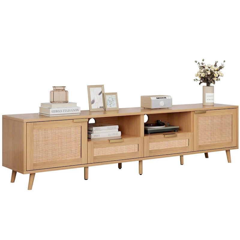 Roomfitters Rattan TV Stand for 85 TV, Farmhouse Media Console, Solid Wood Legs, Wood