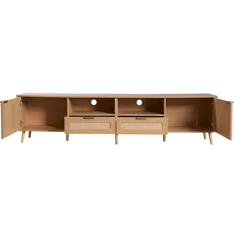 Roomfitters Rattan TV Stand for 85 TV, Farmhouse Media Console, Solid Wood Legs, Wood