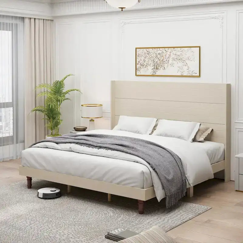 King Platform Bed with Elegant High Headboard & Comfortable Back