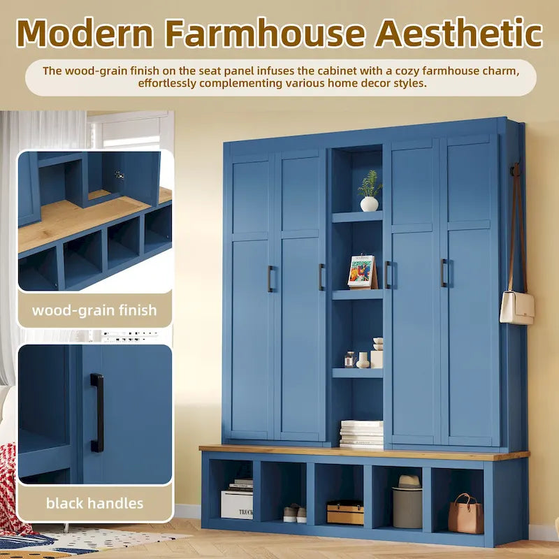 4-in-1 Hall Tree with 6 Hanging Hooks, Entryway Shoe Cabinet with Open Compartments, Wood Bench with Multiple Storage Space