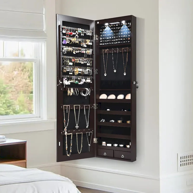 Costway Mirrored Wall & Door Mounted Jewelry Cabinet Storage Organizer - See Details