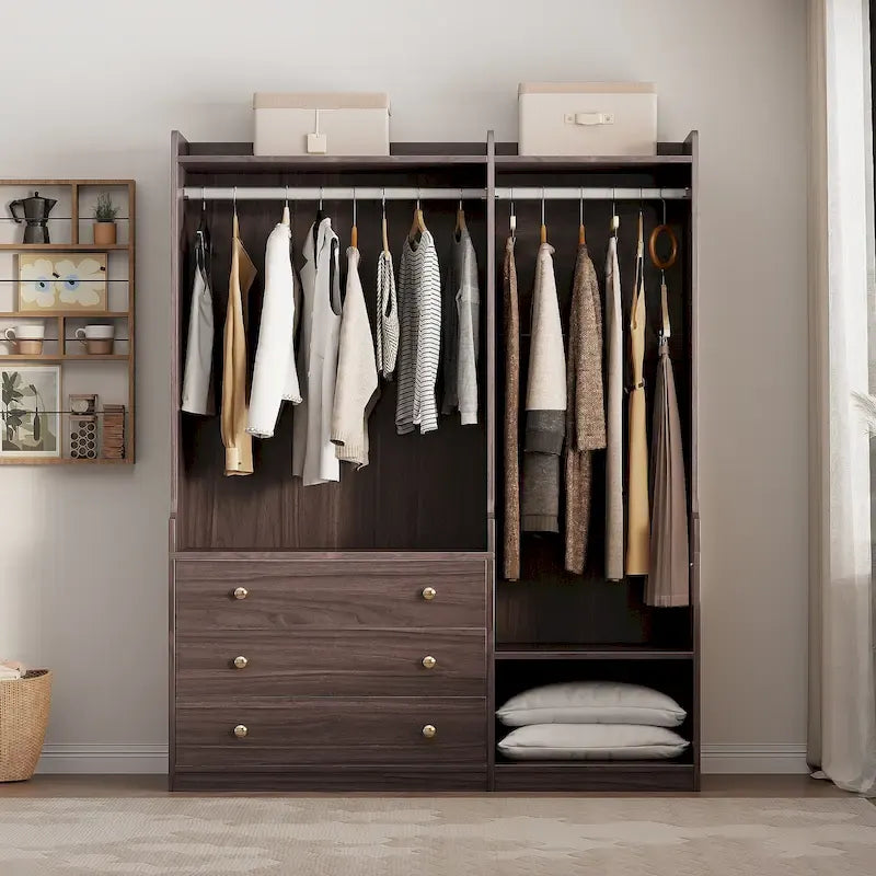 Open Wardrobe Armoire Closet, Armoire Wardrobe with 2 Hanging Rails and 3 Drawers, Wooden Wardrobe Storage Closets