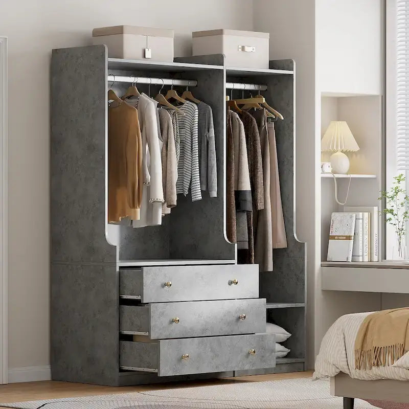 Open Wardrobe Armoire Closet, Armoire Wardrobe with 2 Hanging Rails and 3 Drawers, Wooden Wardrobe Storage Closets