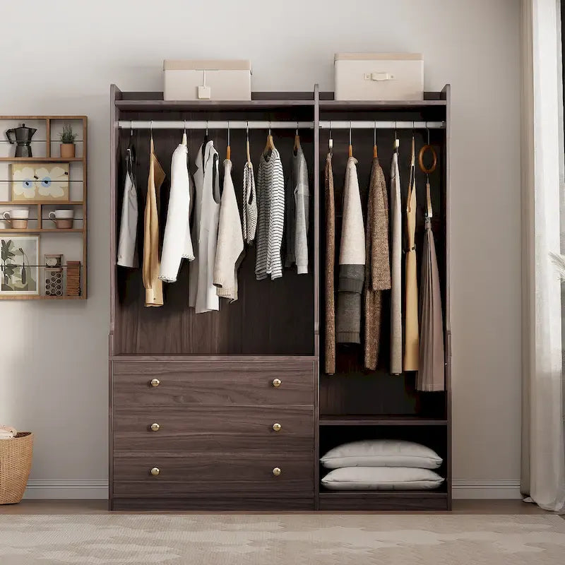 Open Wardrobe Armoire Closet, Armoire Wardrobe with 2 Hanging Rails and 3 Drawers, Wooden Wardrobe Storage Closets