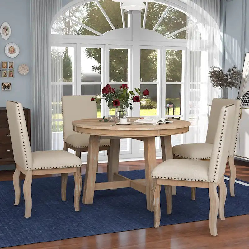 5 Piece Dining Table Set, Wooden Round Kitchen Dining Table Set with Extendable Dining Table and 4 Upholstered Dining Chairs