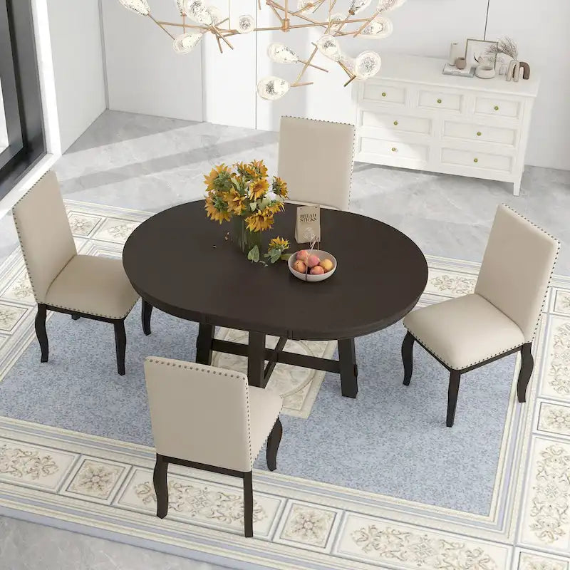 5 Piece Dining Table Set, Wooden Round Kitchen Dining Table Set with Extendable Dining Table and 4 Upholstered Dining Chairs