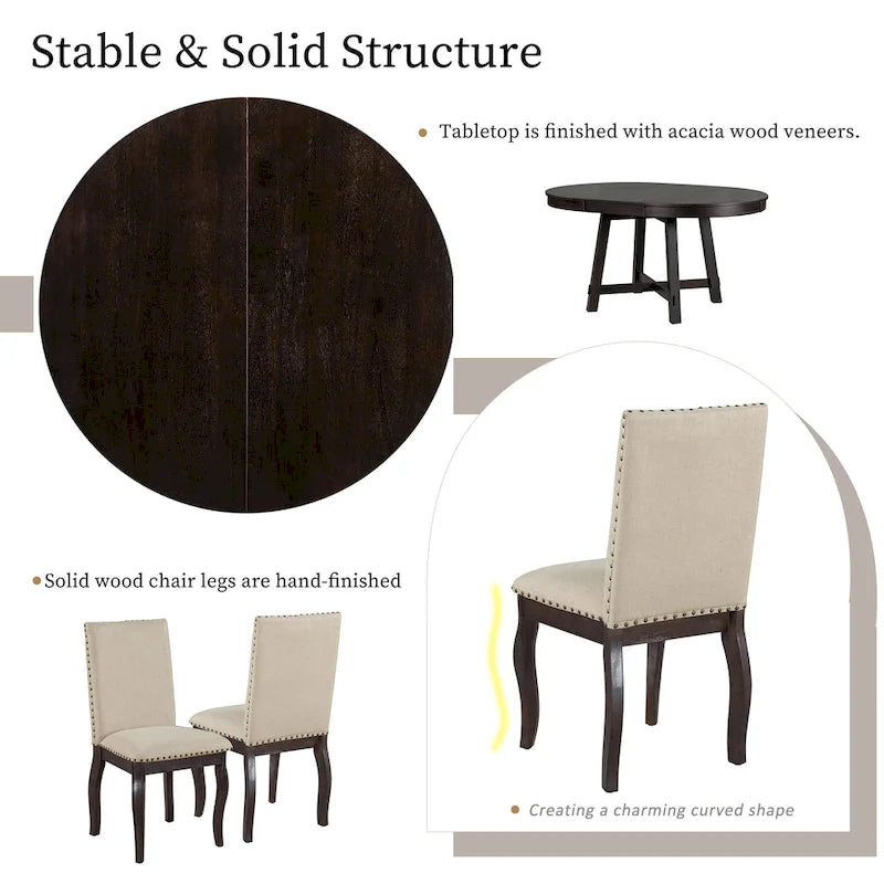 5 Piece Dining Table Set, Wooden Round Kitchen Dining Table Set with Extendable Dining Table and 4 Upholstered Dining Chairs