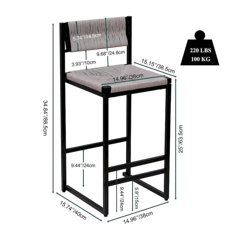 Counter Height Bar Stools Set of 2, Kichen Island Chairs with Back, Armless Dinning Room Chairs with Hand Weave