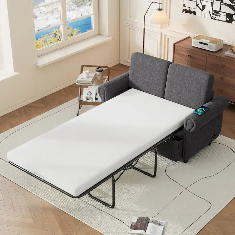 Roomfitters 57.9 Pull-Out Sleeper Sofa Loveseat with Twin Size Memory Foam Mattress, Two USB Charging Ports
