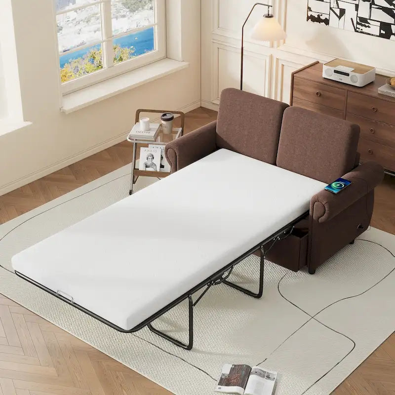 Roomfitters 57.9 Pull-Out Sleeper Sofa Loveseat with Twin Size Memory Foam Mattress, Two USB Charging Ports