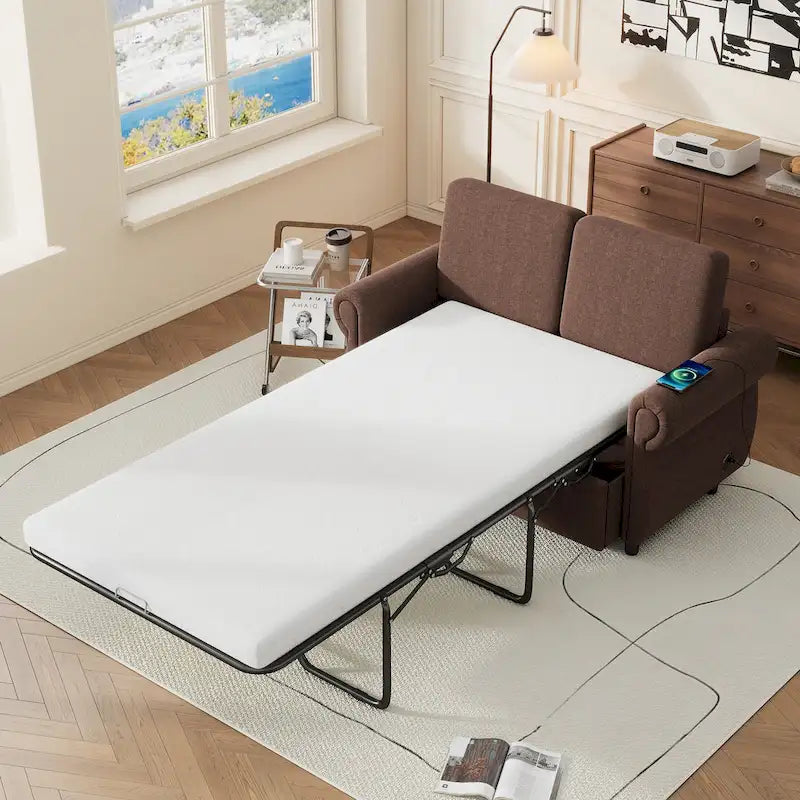 Roomfitters 57.9 Pull-Out Sleeper Sofa Loveseat with Twin Size Memory Foam Mattress, Two USB Charging Ports