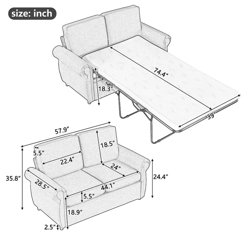Roomfitters 57.9 Pull-Out Sleeper Sofa Loveseat with Twin Size Memory Foam Mattress, Two USB Charging Ports