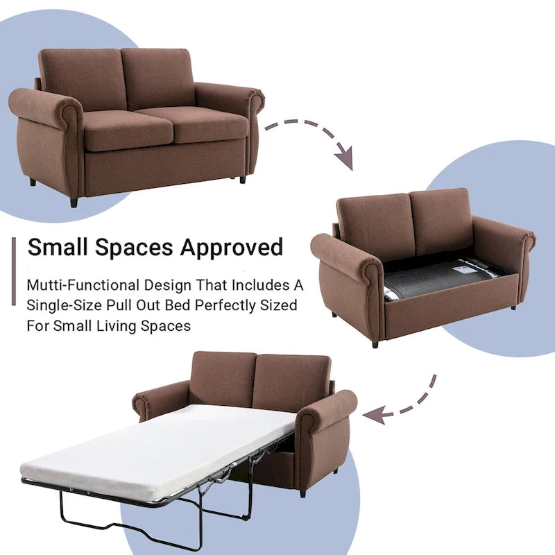 Roomfitters 57.9 Pull-Out Sleeper Sofa Loveseat with Twin Size Memory Foam Mattress, Two USB Charging Ports