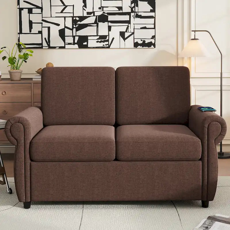 Roomfitters 57.9 Pull-Out Sleeper Sofa Loveseat with Twin Size Memory Foam Mattress, Two USB Charging Ports