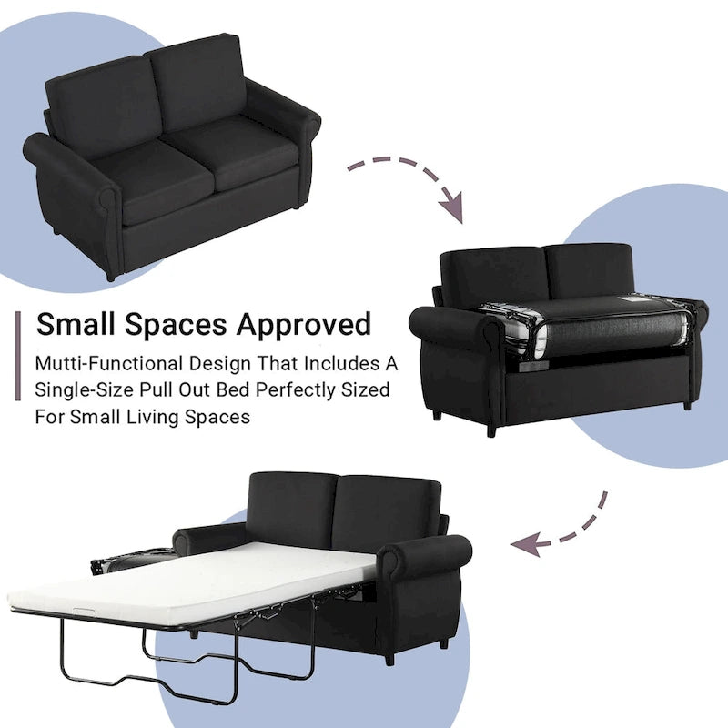 Roomfitters 57.9 Pull-Out Sleeper Sofa Loveseat with Twin Size Memory Foam Mattress, Two USB Charging Ports