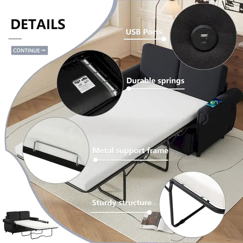 Roomfitters 57.9 Pull-Out Sleeper Sofa Loveseat with Twin Size Memory Foam Mattress, Two USB Charging Ports