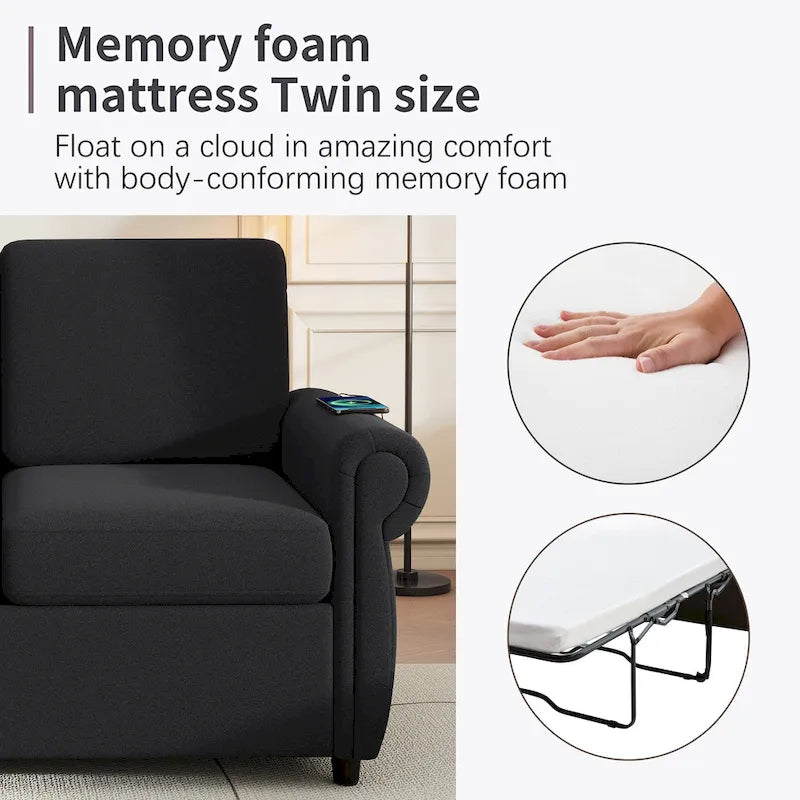 Roomfitters 57.9 Pull-Out Sleeper Sofa Loveseat with Twin Size Memory Foam Mattress, Two USB Charging Ports