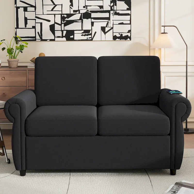 Roomfitters 57.9 Pull-Out Sleeper Sofa Loveseat with Twin Size Memory Foam Mattress, Two USB Charging Ports