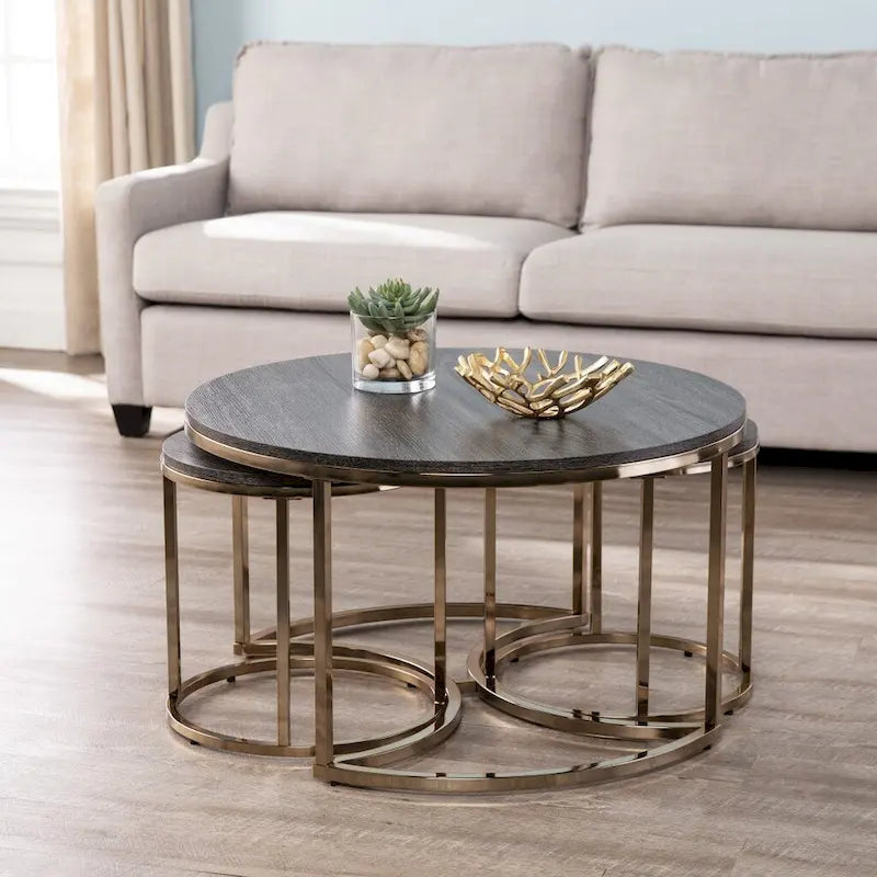 Set of 2 Mirrored Round Nested Coffee Tables for Living Room - 32 x 32 x 17