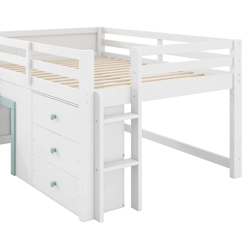 Full Size Low Loft Bed with Slide,Three Storage Drawers and 2 Doors, White