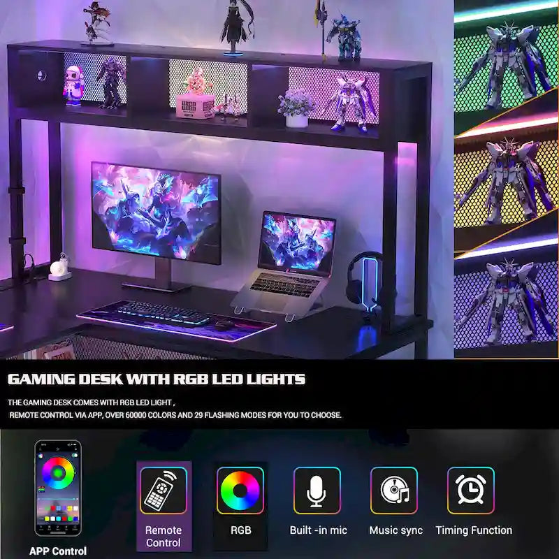 Reversible L-shaped Computer Desk with Storage Shelves and LED Strip and Power Outlets,Corner Desk Gaming Table