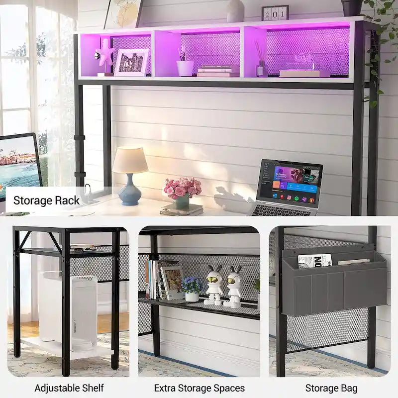 Reversible L-shaped Computer Desk with Storage Shelves and LED Strip and Power Outlets,Corner Desk Gaming Table