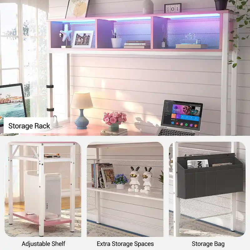 Reversible L-shaped Computer Desk with Storage Shelves and LED Strip and Power Outlets,Corner Desk Gaming Table