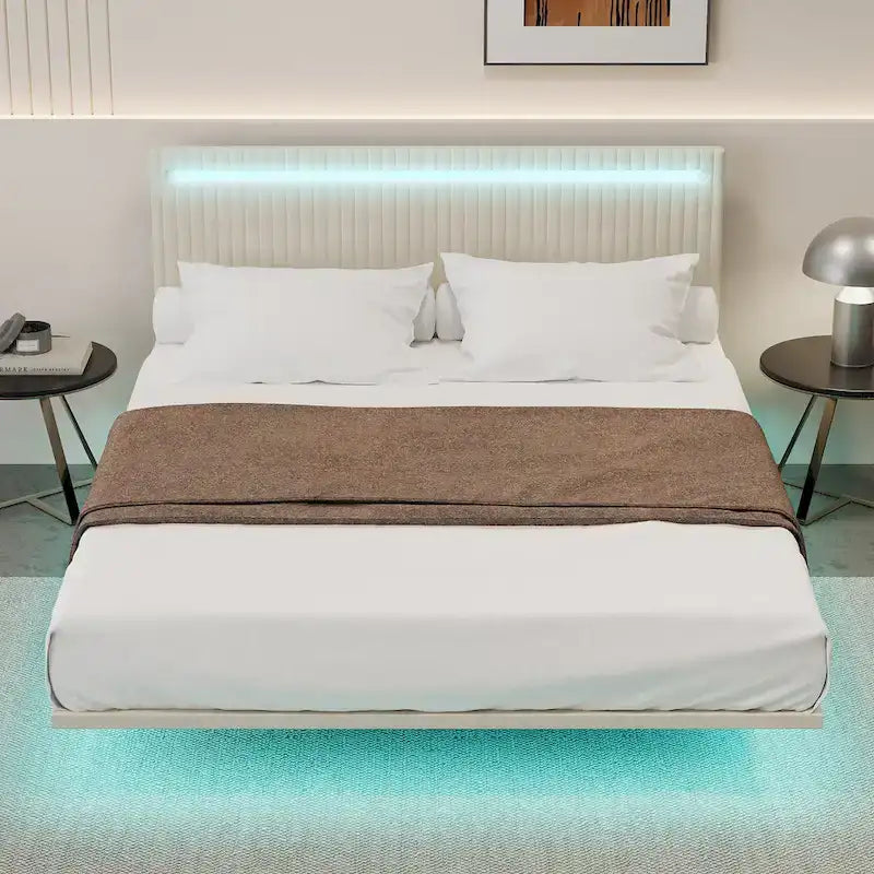 Floating Bed Upholstered Frame Velvet Fabric Platform Bed Adjustable Wingback Bed, Lights on Headboard, Sensor Lights Underbed
