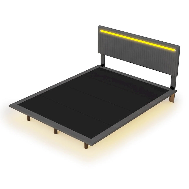 Floating Bed Upholstered Frame Velvet Fabric Platform Bed Adjustable Wingback Bed, Lights on Headboard, Sensor Lights Underbed