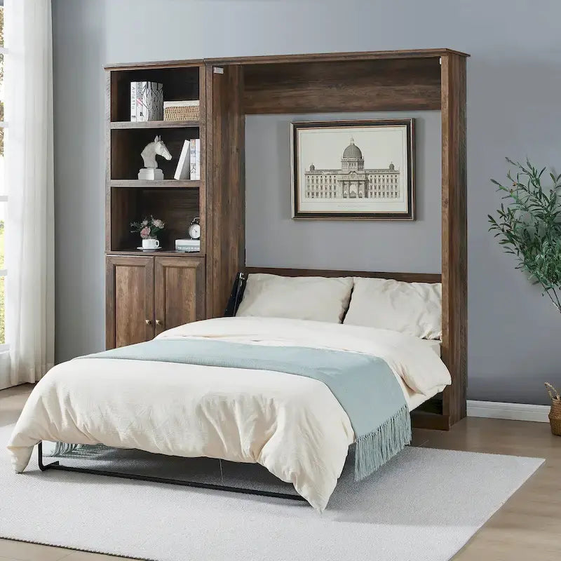 Space-Saving Modern Murphy Bed with Dual Piston Lift - Foldable Platform Bed Convertible Hidden Cabinet Design Cube Cabinet Bed