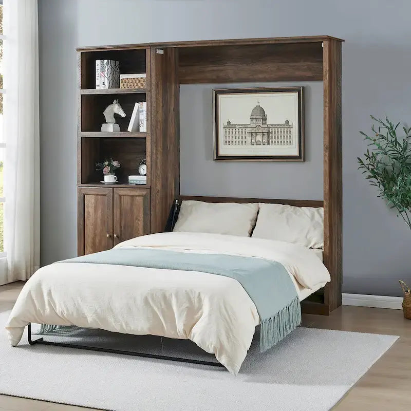 Space-Saving Modern Murphy Bed with Dual Piston Lift - Foldable Platform Bed Convertible Hidden Cabinet Design Cube Cabinet Bed