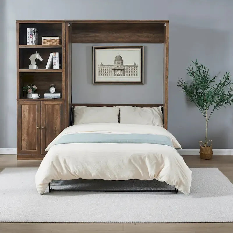 Space-Saving Modern Murphy Bed with Dual Piston Lift - Foldable Platform Bed Convertible Hidden Cabinet Design Cube Cabinet Bed
