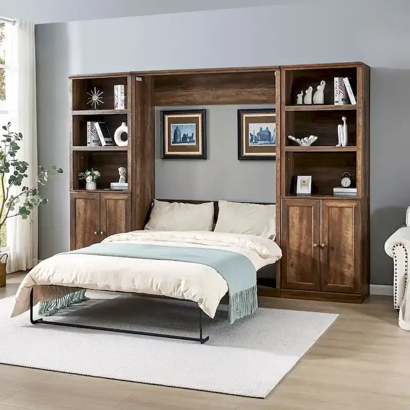 Space-Saving Modern Murphy Bed with Dual Piston Lift - Foldable Platform Bed Convertible Hidden Cabinet Design Cube Cabinet Bed