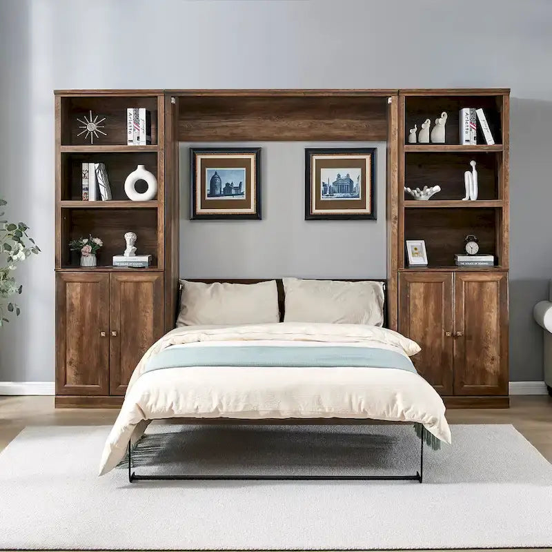 Space-Saving Modern Murphy Bed with Dual Piston Lift - Foldable Platform Bed Convertible Hidden Cabinet Design Cube Cabinet Bed