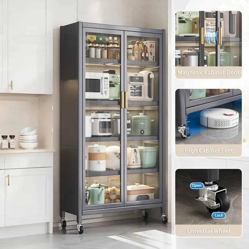 Kitchen Pantry Storage Cabinet,6 Tier Metal Display Storage Cabinet with Transparent Door,Adjustable Shelves & Wheels