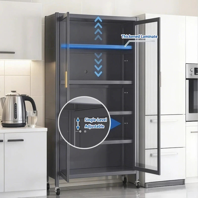 Kitchen Pantry Storage Cabinet,6 Tier Metal Display Storage Cabinet with Transparent Door,Adjustable Shelves & Wheels