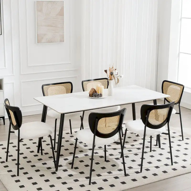 Fabric Upholstered Rattan Dining Chairs Set of 2/4 - 31.9H x 18.7W x 21.5D