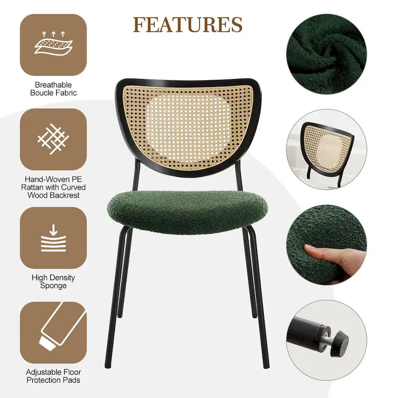 Fabric Upholstered Rattan Dining Chairs Set of 2/4 - 31.9H x 18.7W x 21.5D