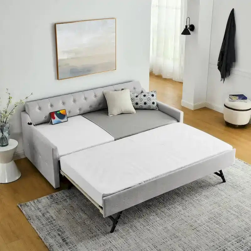 Twin Size Upholstery Daybed with Erectable Trundle and USB
