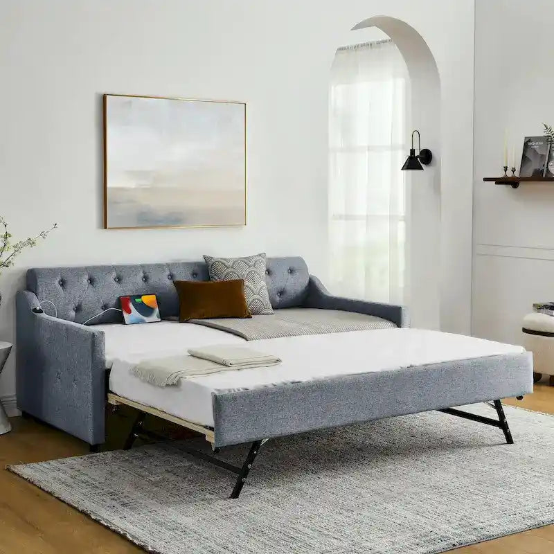 Twin Size Upholstery Daybed with Erectable Trundle and USB