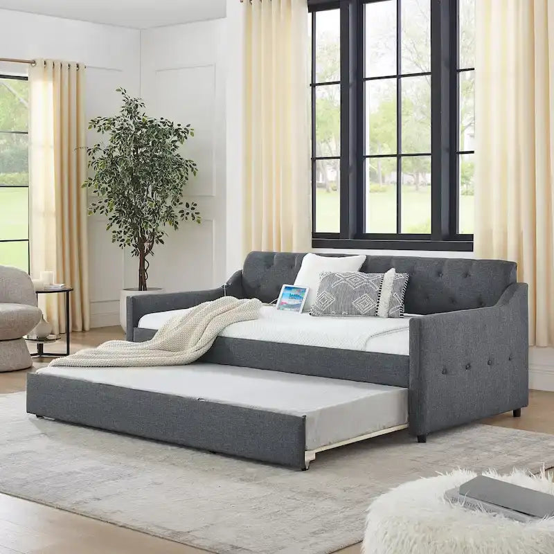 Twin Size Upholstery Daybed with Erectable Trundle and USB