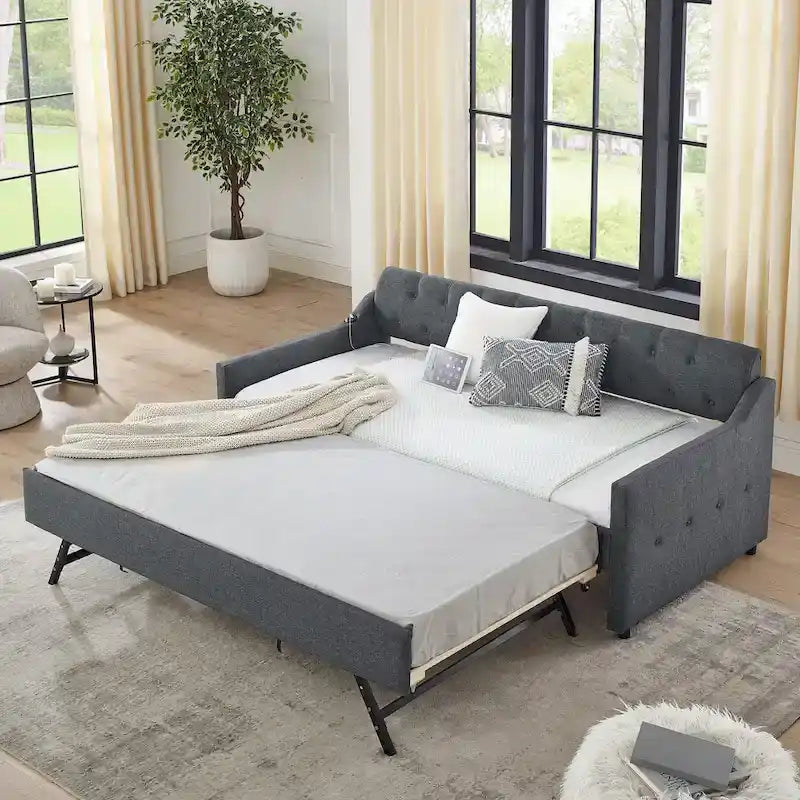 Twin Size Upholstery Daybed with Erectable Trundle and USB